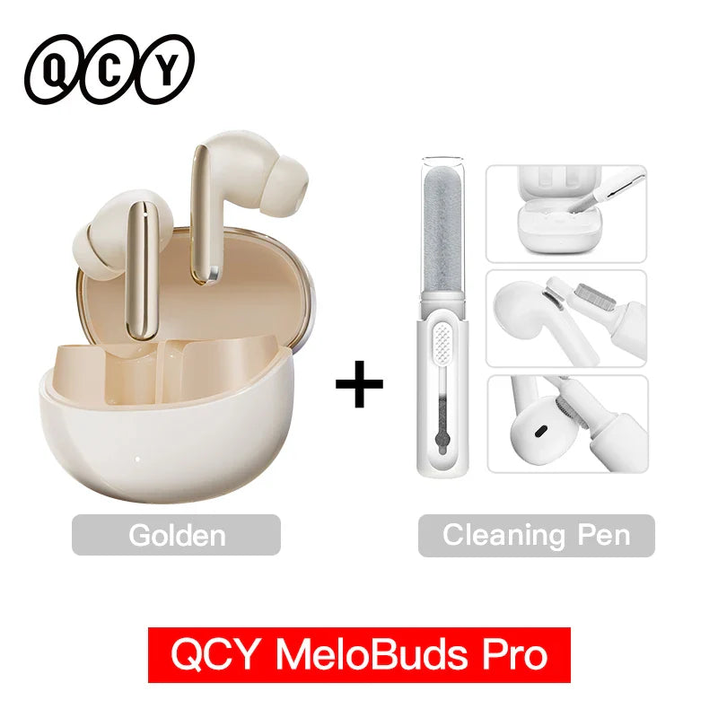 Golden wireless earbuds with cleaning pen.