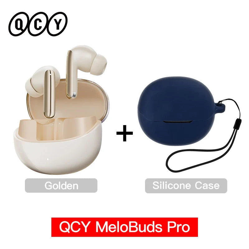 Golden wireless earbuds with silicone case.