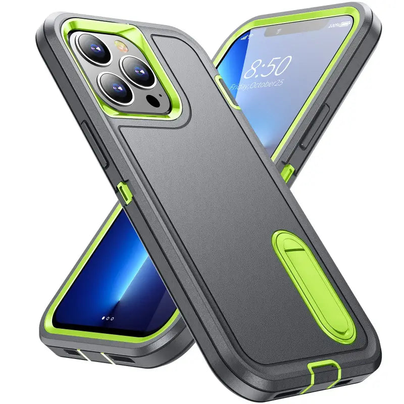 The back of a gray and green iphone 11 case