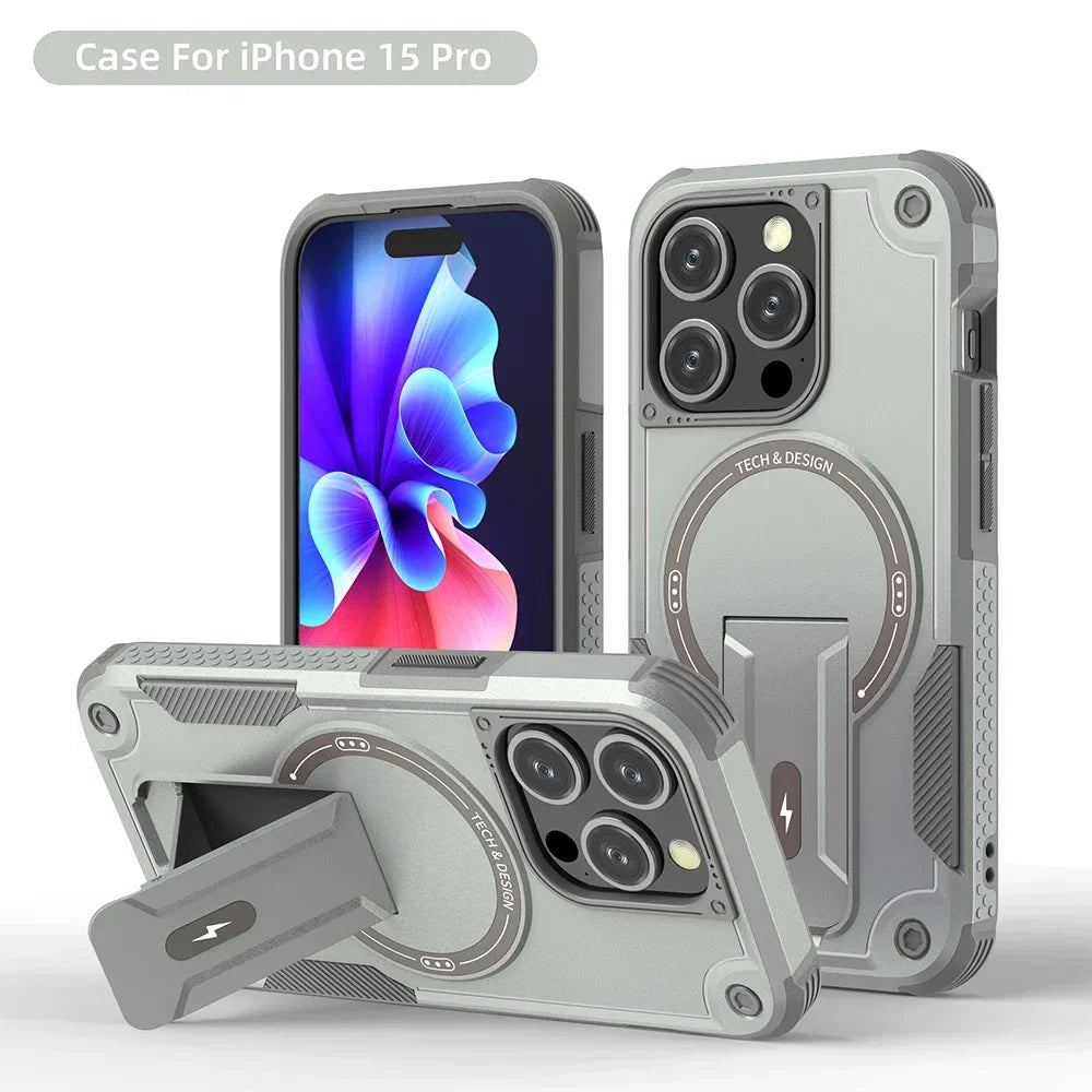 Gray iPhone 15 Pro cases with kickstands.