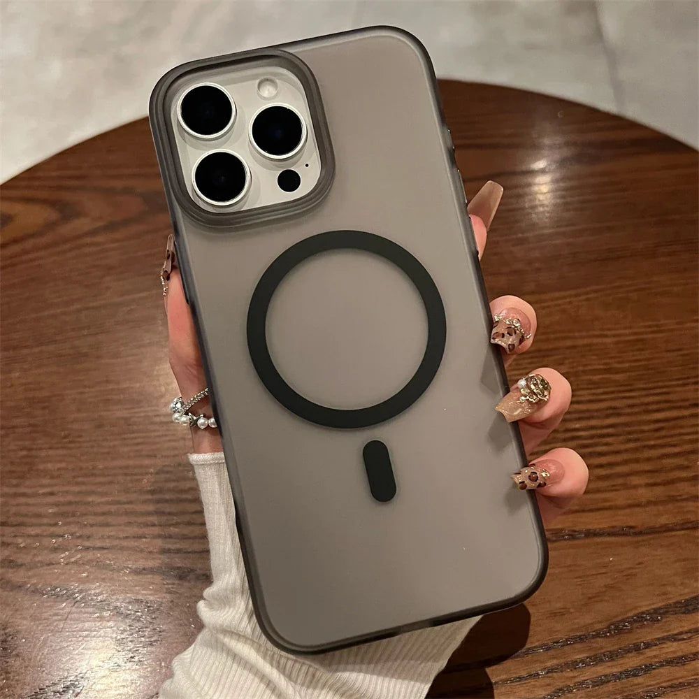 Gray iPhone case with MagSafe ring.