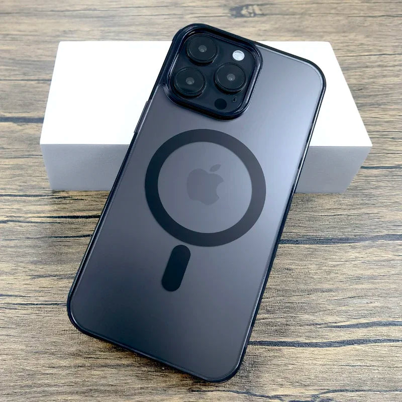 Gray iPhone with MagSafe case.