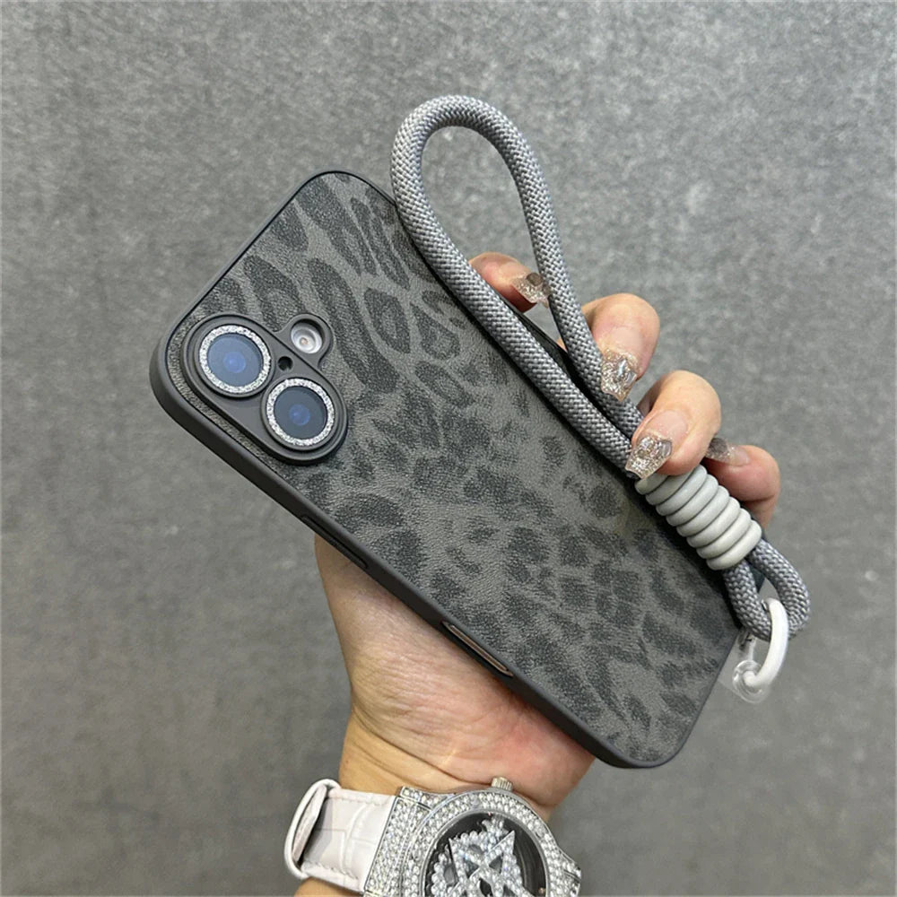 Gray leopard-print phone case with lanyard.