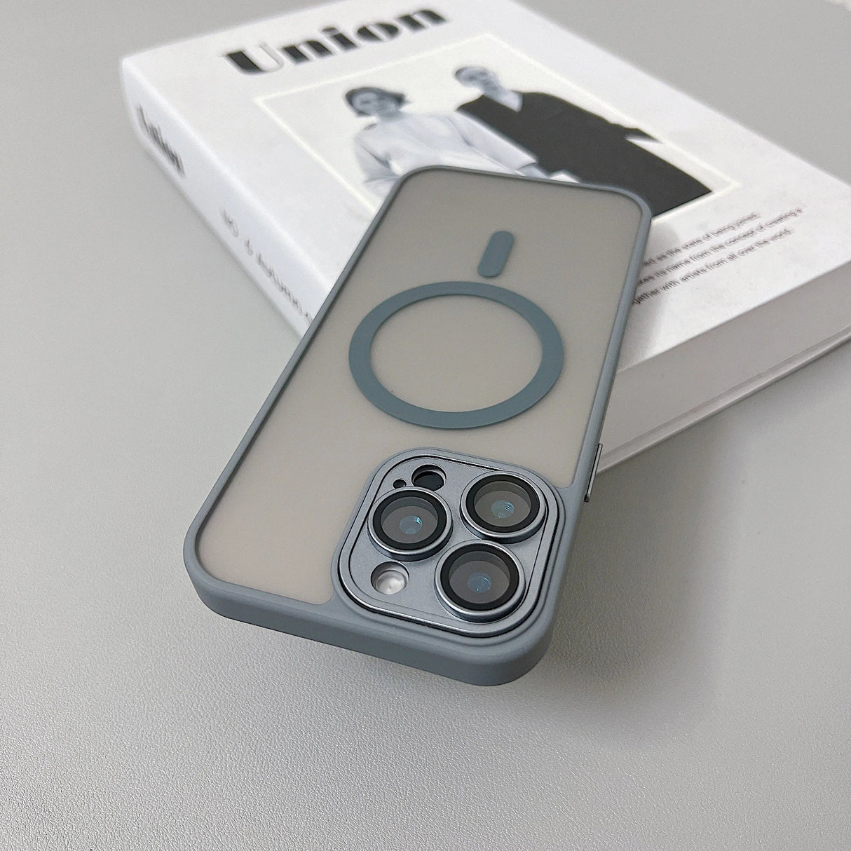 Gray phone case with camera lenses.
