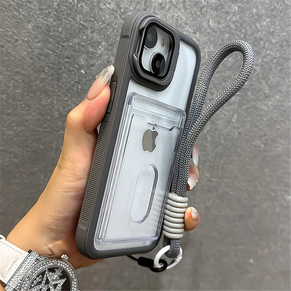 Gray phone case with card holder and wrist strap.
