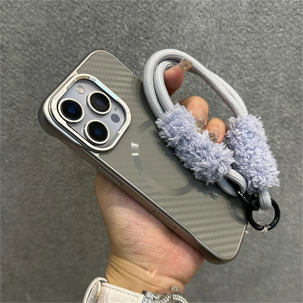 Gray phone case with fluffy strap.