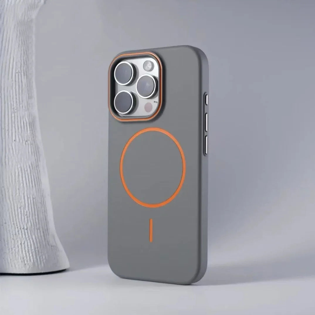 Gray phone case with orange accents.