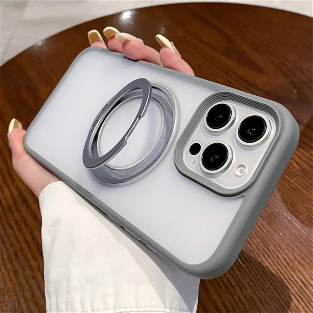 Gray phone case with ring stand.