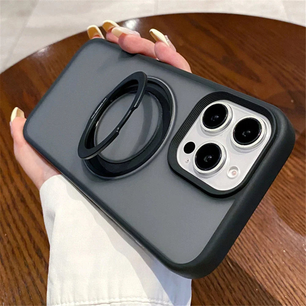 Gray phone case with ring stand.