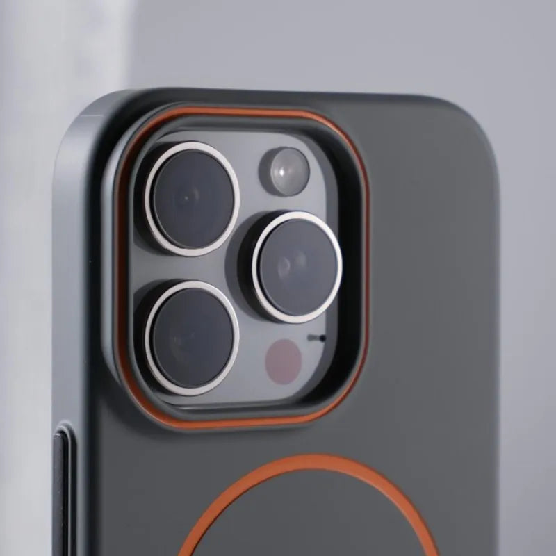 Gray phone with orange accents and camera array.