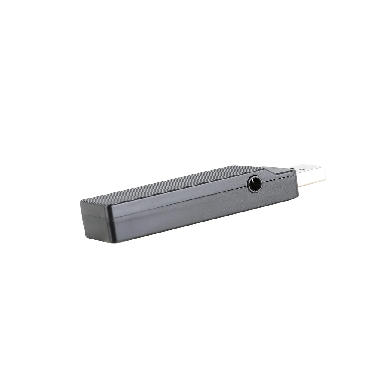 Gray rectangular electronic device with a small circular opening on one end and a thin cable attached.