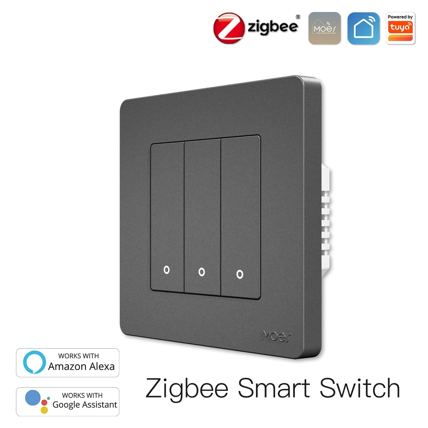 Gray smart light switch with three buttons.