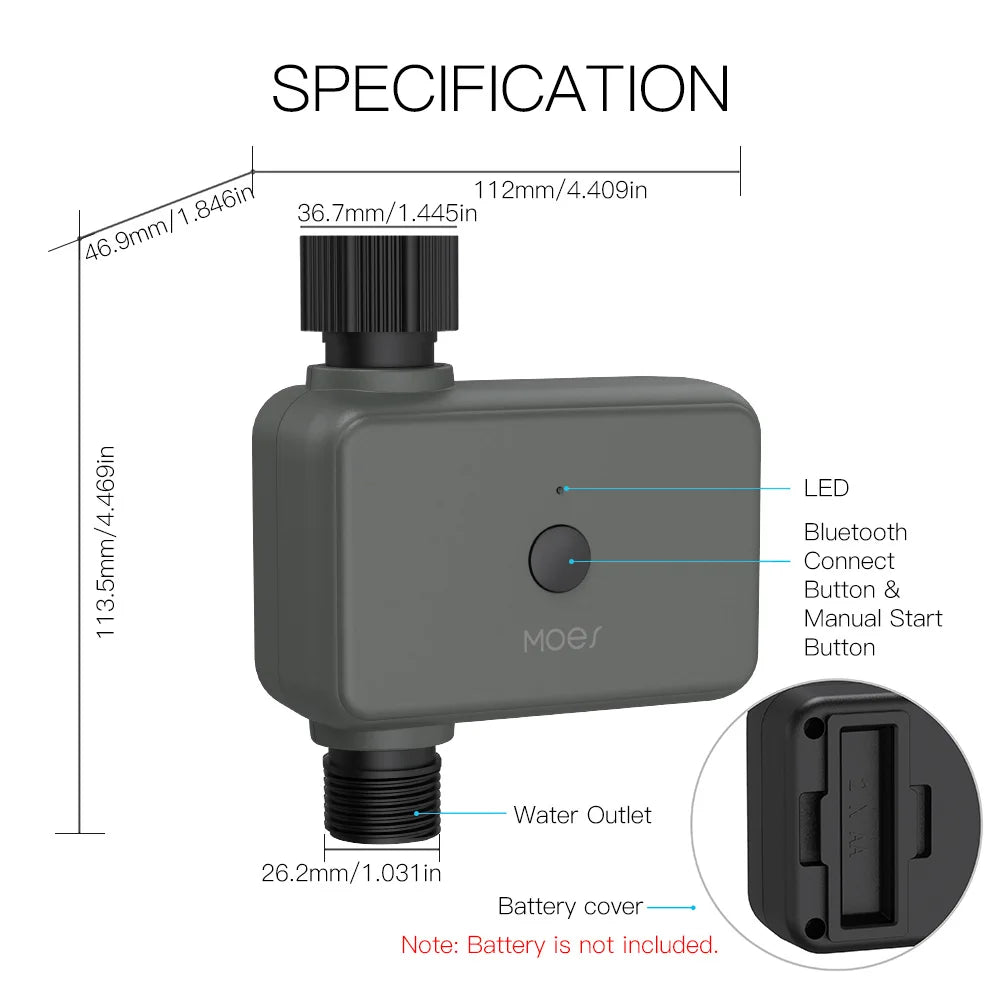 Gray smart water timer with dimensions.