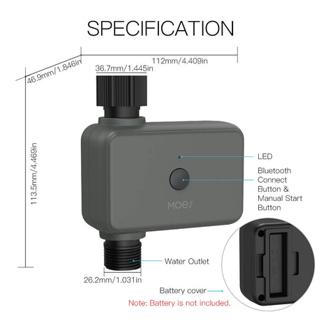 Gray smart water timer with dimensions.