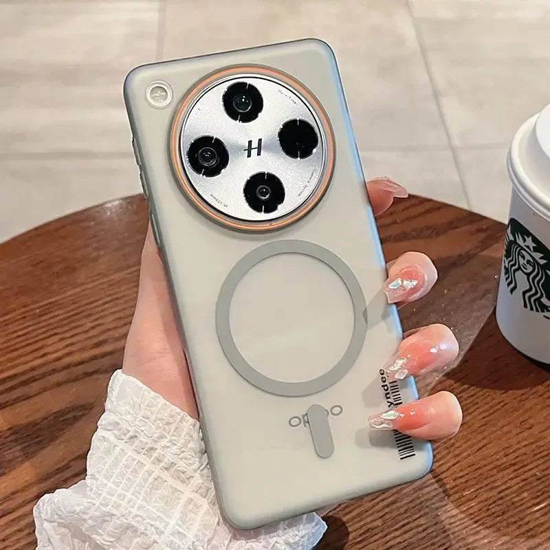 Gray smartphone with a circular multi-lens camera module and a magnetic ring on the back.