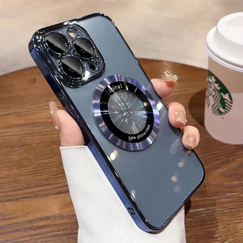 A gray smartphone with a reflective, circular phone grip and a dark blue protective case.