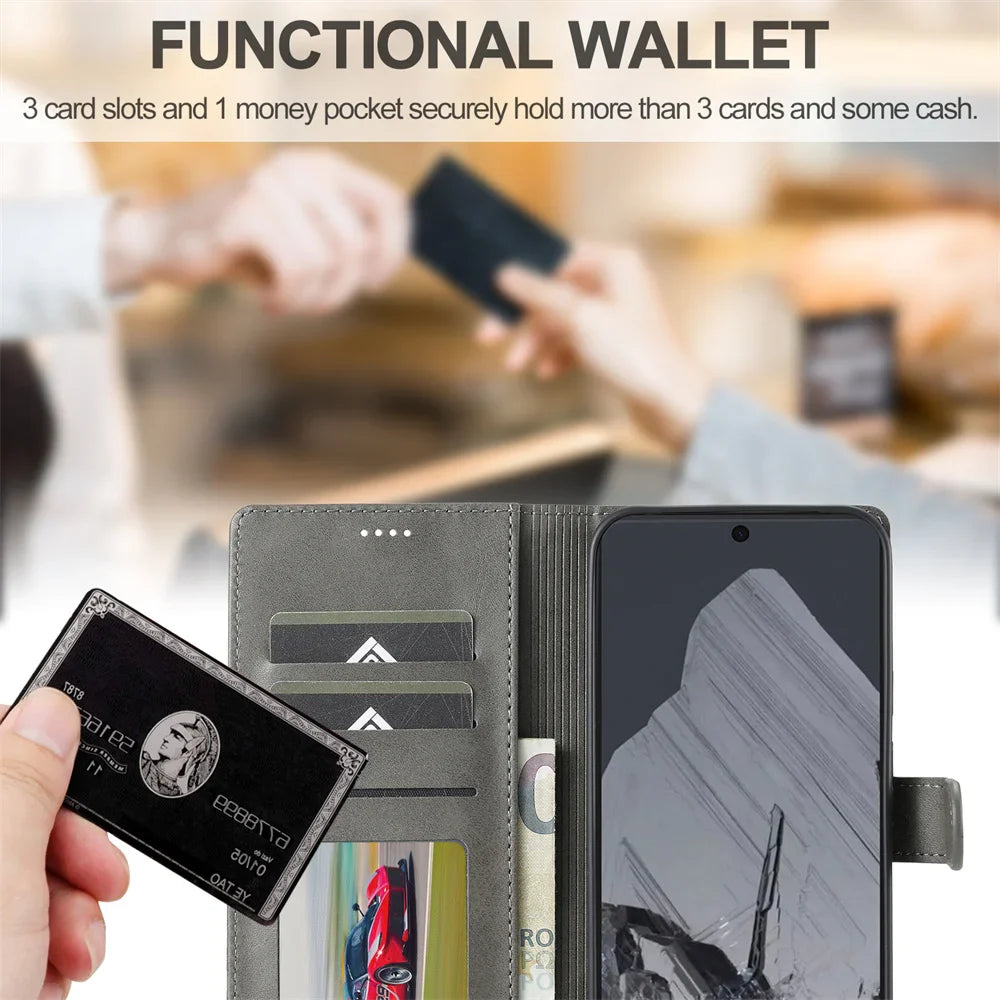 A gray wallet phone case with card slots, a money pocket, and a black phone inserted.