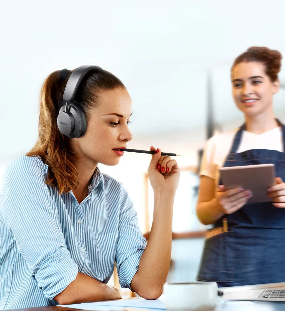 Gray wireless headphones.
