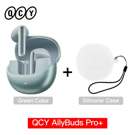 Green earbuds with silicone case.