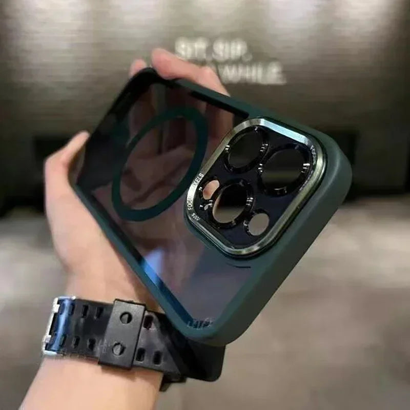 Green-edged clear phone case with camera lens protection.