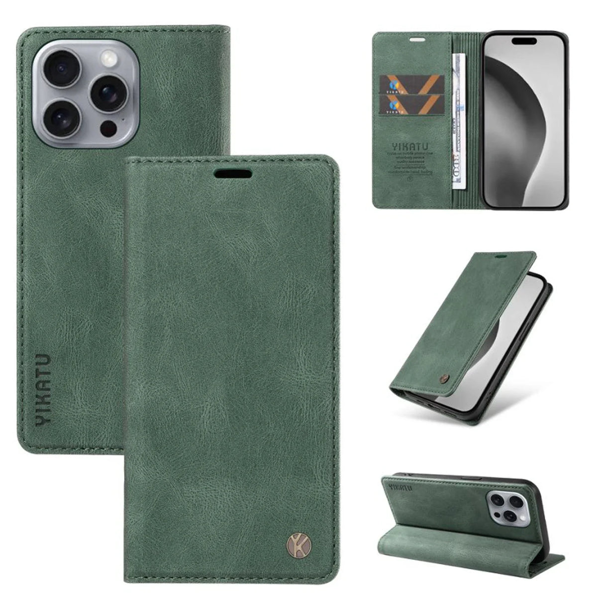 Green faux leather wallet phone case with multiple viewing angles and card slots.