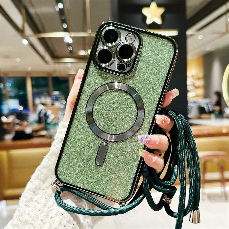 Green glittery phone case with lanyard.