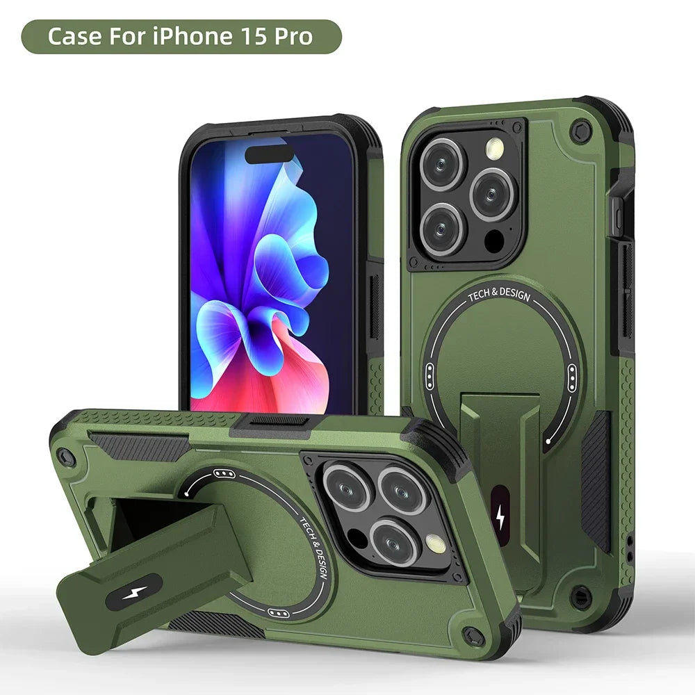 Green iPhone 15 Pro case with kickstand.