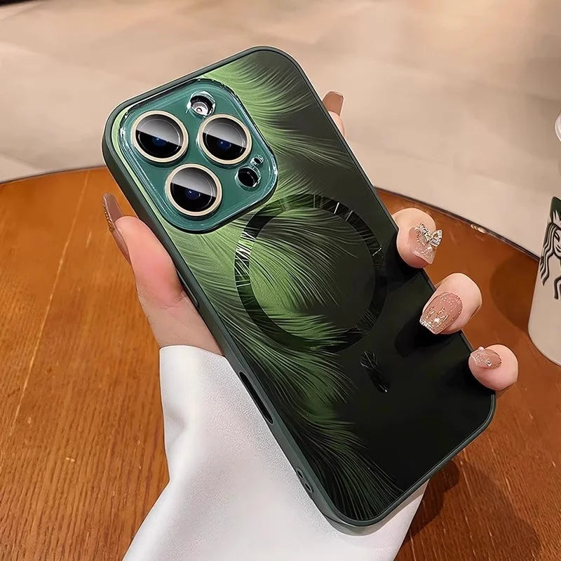 Green iPhone case with feather design.