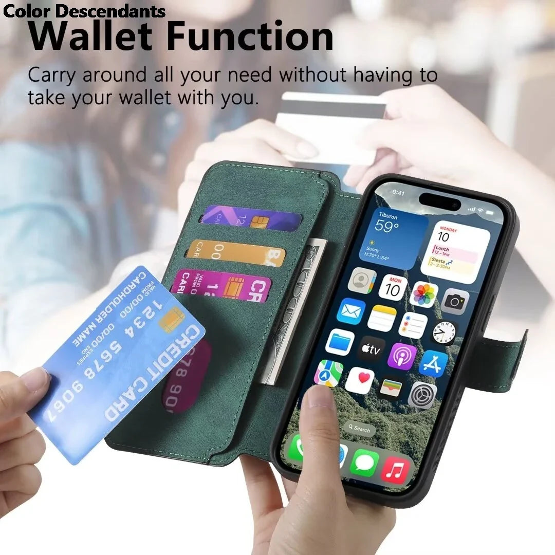 Green leather phone wallet case with card slots.