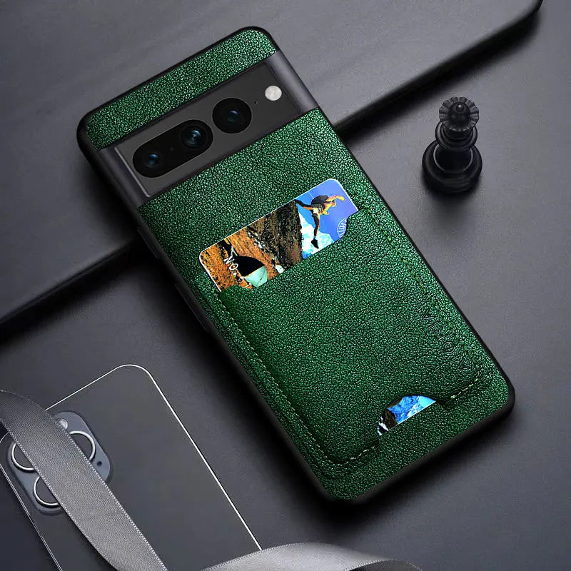 Green leather-textured phone case with card slots.