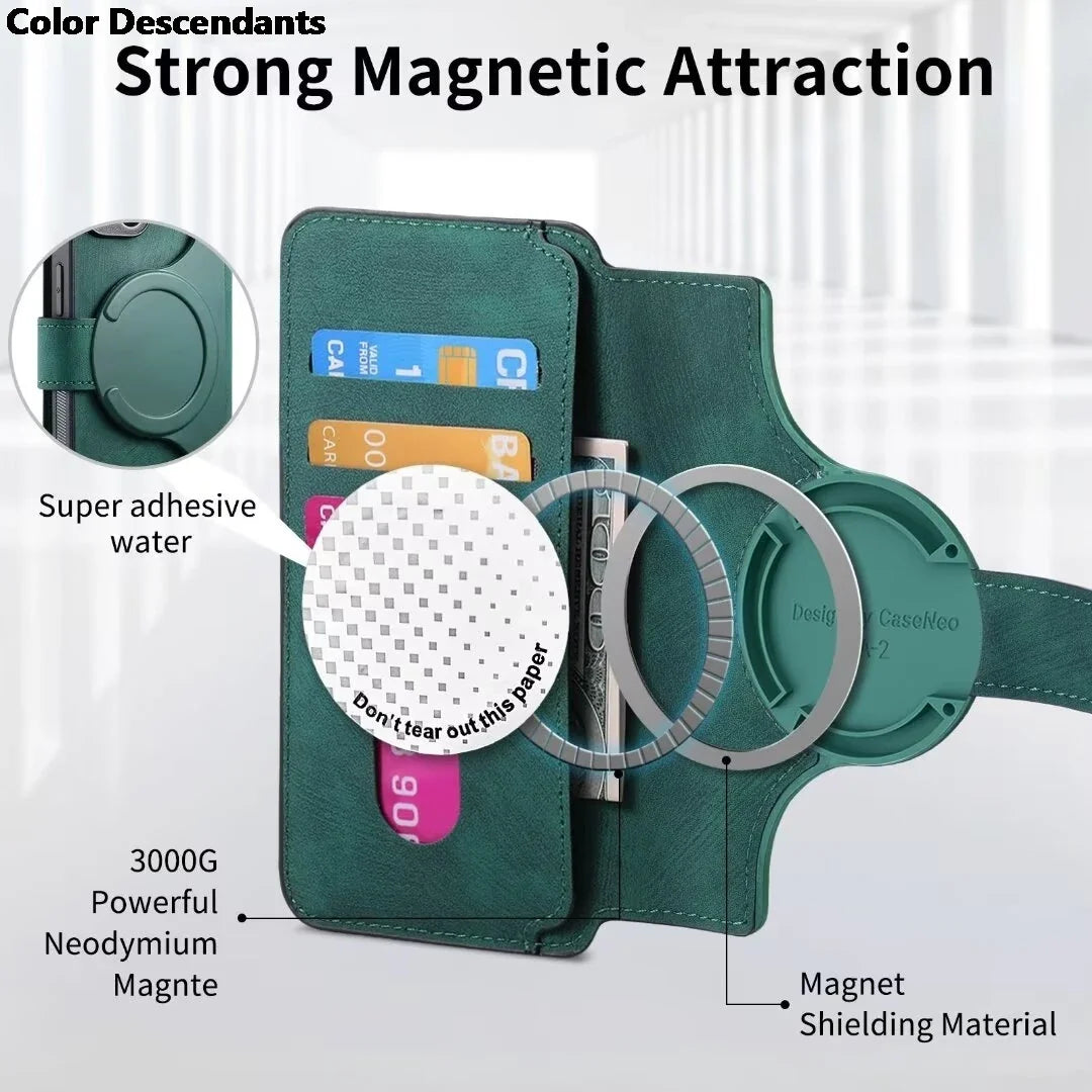 A green magnetic phone wallet case with card slots and an adhesive backing.