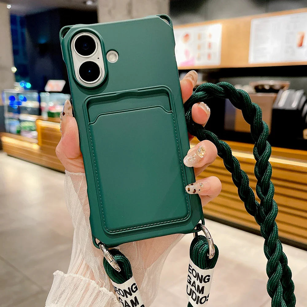 Green phone case with card holder and braided strap.