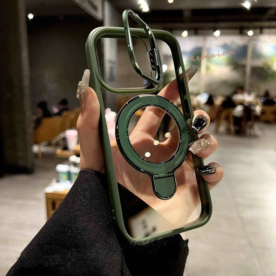 Green phone case with magnetic ring.