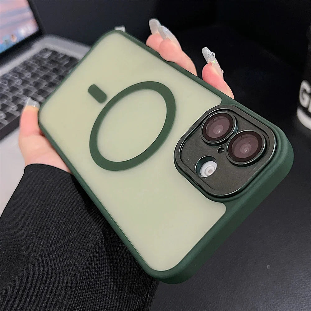 Green phone case with magnetic ring.