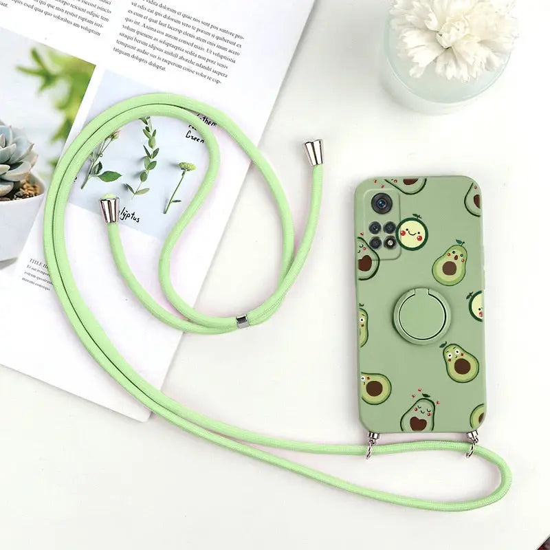 a green phone case with a green strap