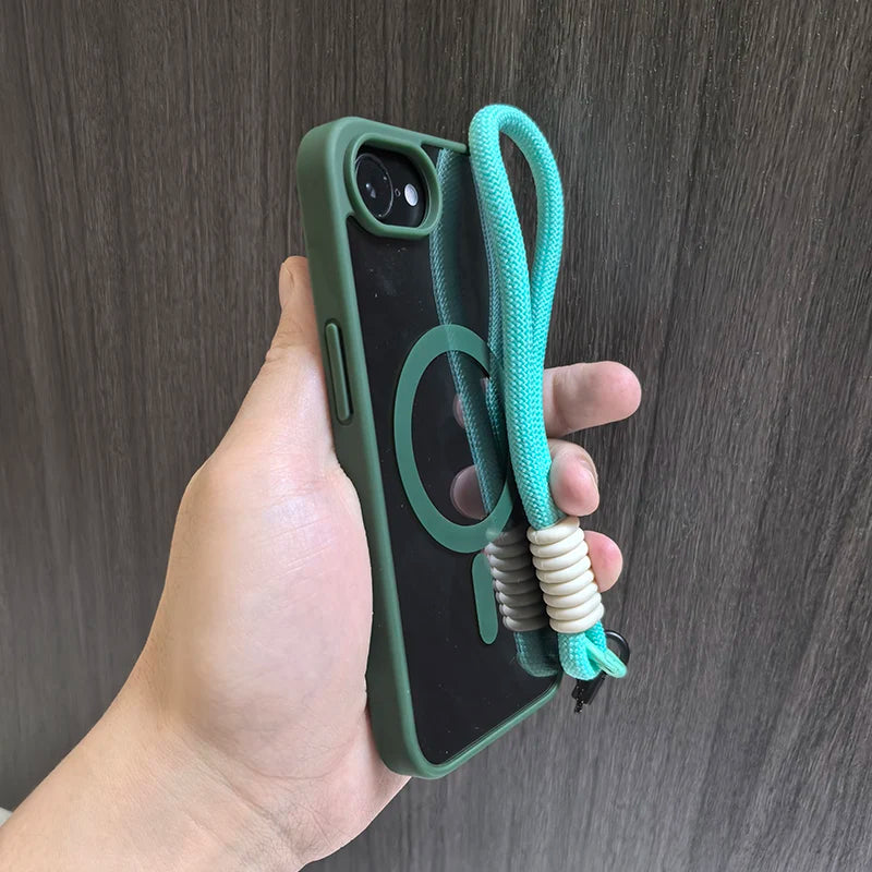 Green phone case with turquoise lanyard.