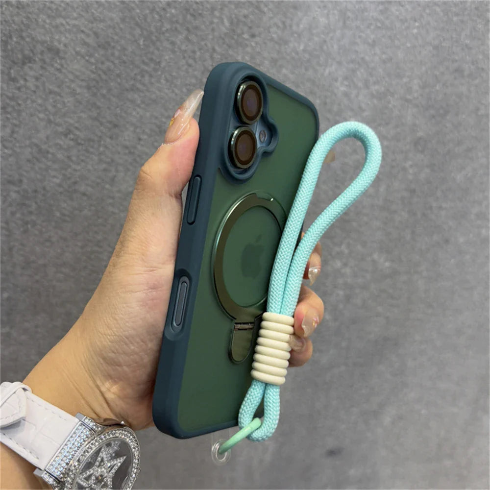 Green phone case with turquoise wrist strap.