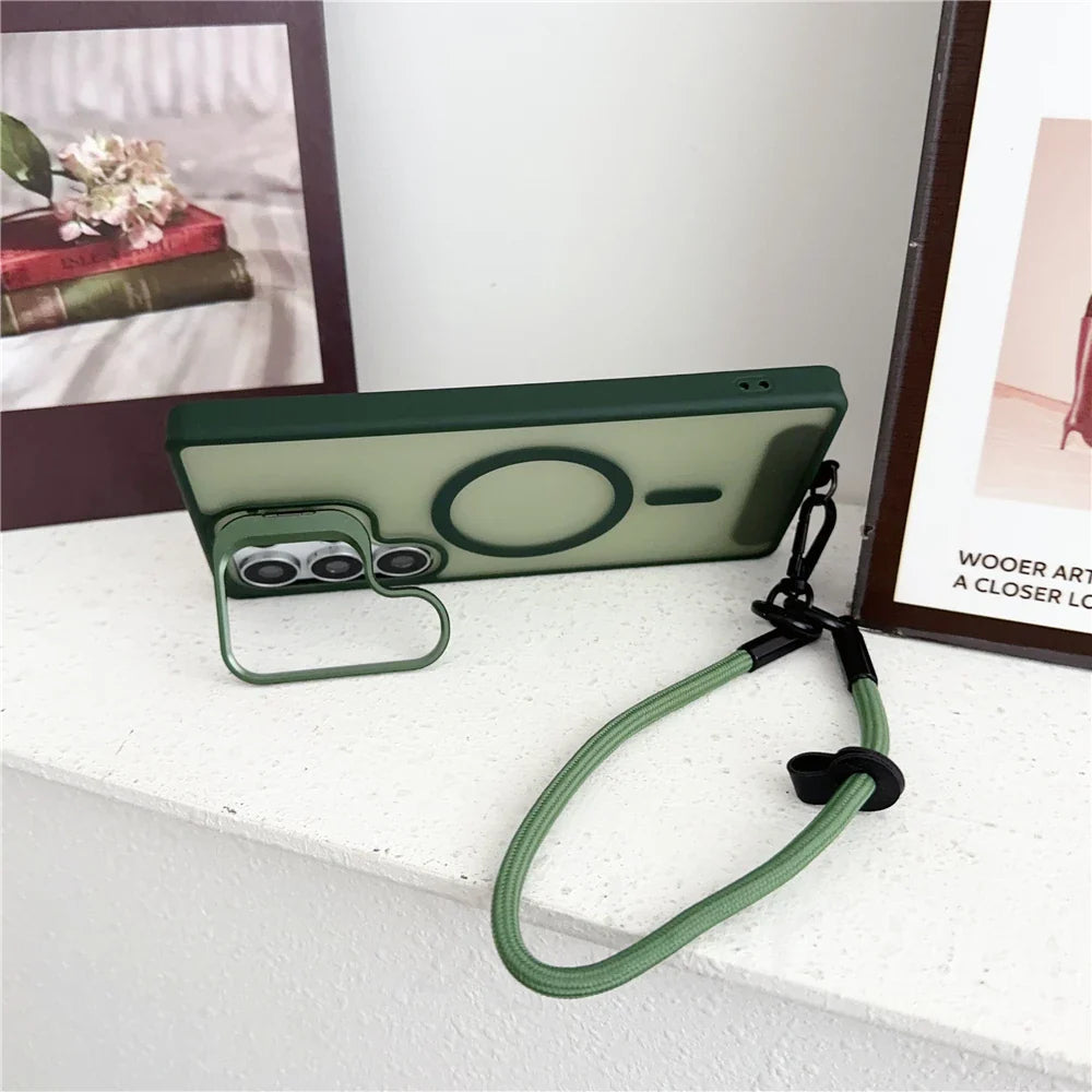 Green smartphone case with a built-in kickstand and an attached lanyard.