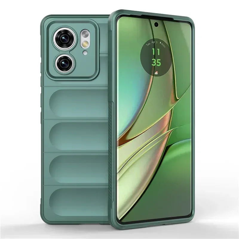 Green smartphone with a dual-camera system and a protective case.