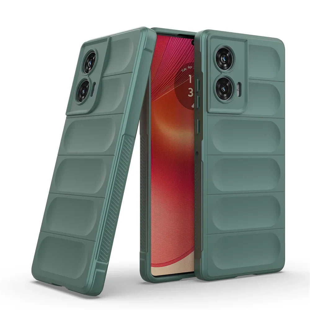 Green smartphone with protective case.