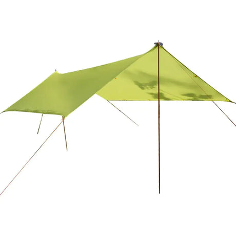 the green tent with a brown pole
