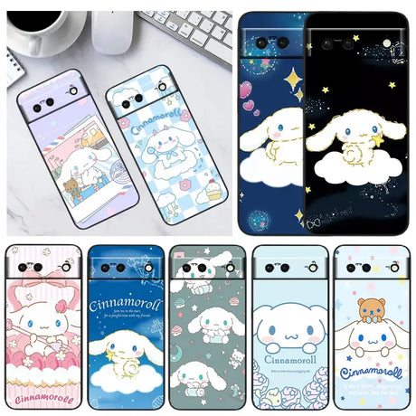 a group of four cell phones with a cute bunny and clouds design