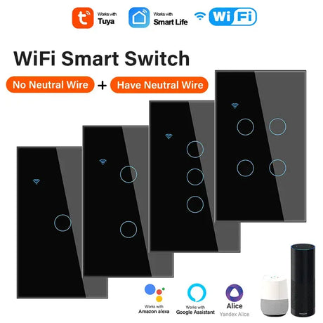 a group of four smart switches with a remote control