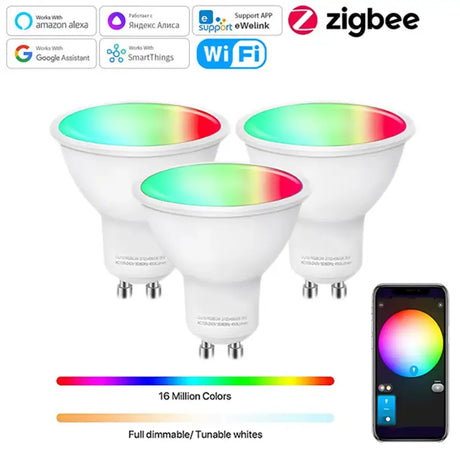 a group of three dimmable led bulbs with a phone