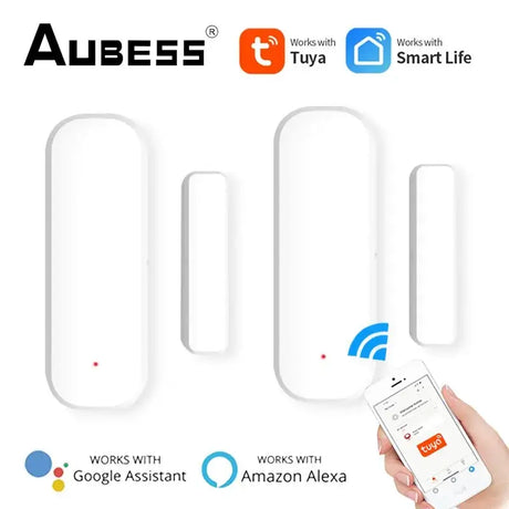 a hand holding a smart phone and a smart home security device