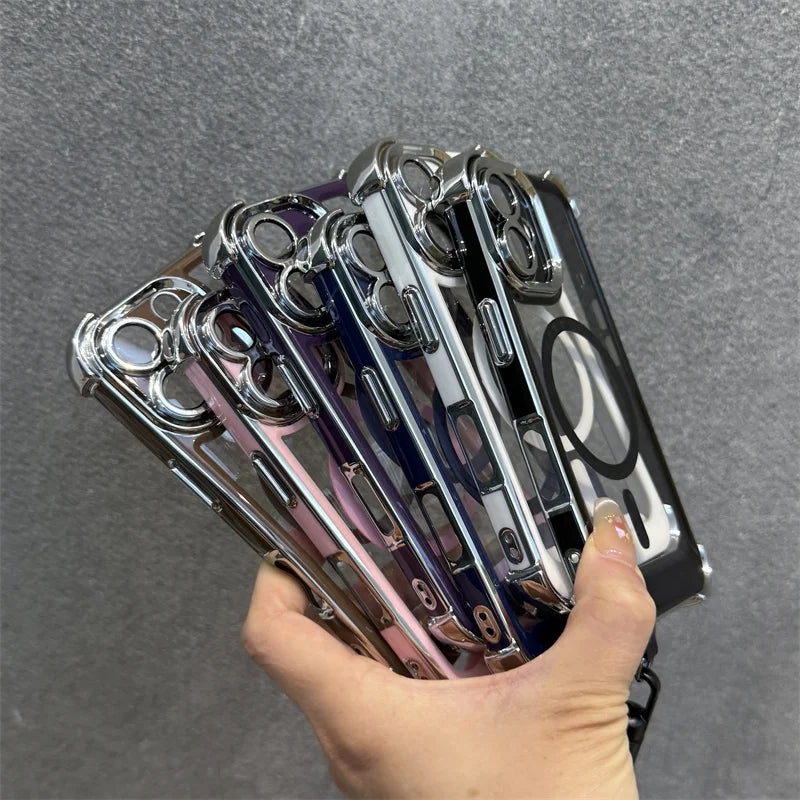 A hand holding a stack of clear smartphone cases with chrome-plated edges and camera cutouts, featuring various translucent colors and MagSafe compatibility.