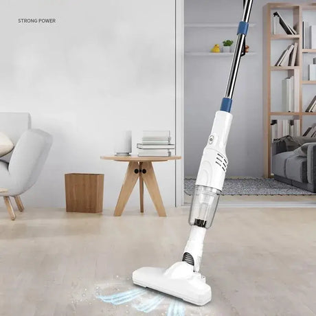 a white and blue vacuum cleaner on the floor