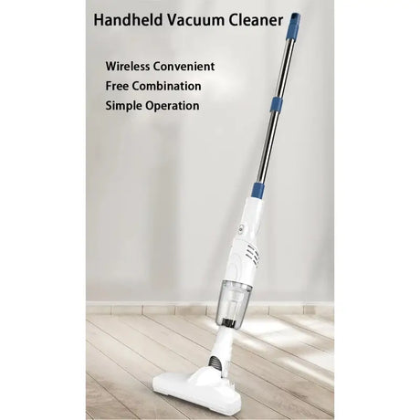 a white and blue vacuum cleaner on a wooden floor