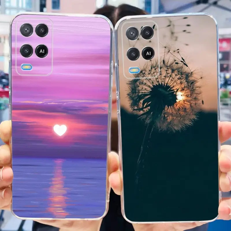 two hands holding two different colored phone cases