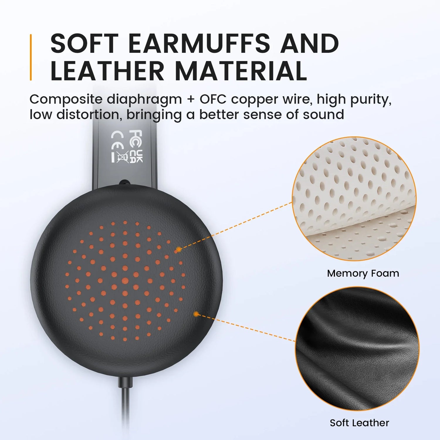 Headphone earcup with soft earmuffs and leather material, featuring a composite diaphragm and OFC copper wire.